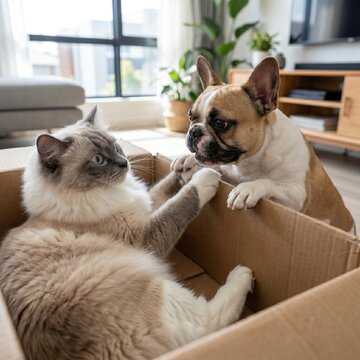 Cute French Bulldog trying to climb into a cardboard box while a fluffy cat inside looks at him with surprise, concept of animal friendship and pets playing at home