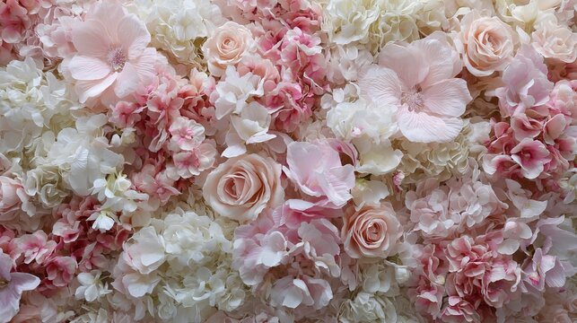 Delicate arrangement of soft pink and white silk roses with hydrangeas creating a beautiful floral wall for wedding event decor