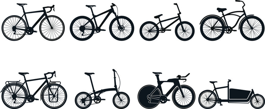 Vector silhouettes set of different bicycle types including road bike, mountain bike, bmx, cruiser, touring bike, folding bike, triathlon bike, and cargo bike