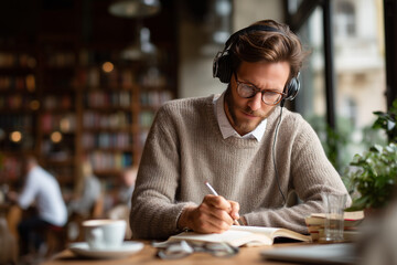 Fototapeta premium A young man journaling with headphones on in a coffee shop. 