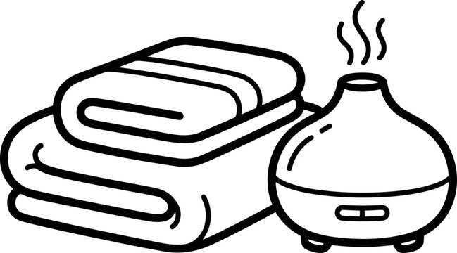 Aromatherapy diffuser and folded towels icon, spa and wellness concept, line art illustration