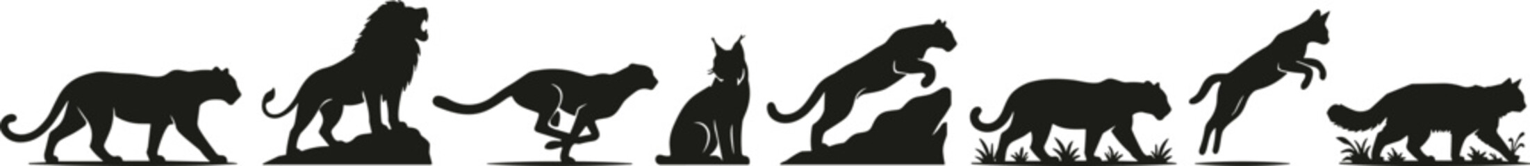 Wild big cats silhouette vector set featuring lion, cheetah, leopard, panther, lynx, and cougar in various dynamic active poses © ARNAB