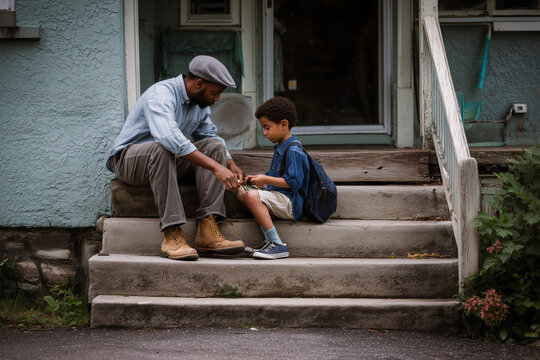 A father tying his son&rsquo;s shoelaces before school on the front steps.
