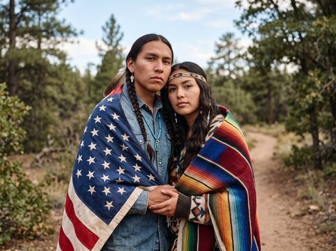 A young Native American couple stands together in a forest trail while they are wrapped in a traditional colorful woven blanket and an American flag representing their heritage and deep