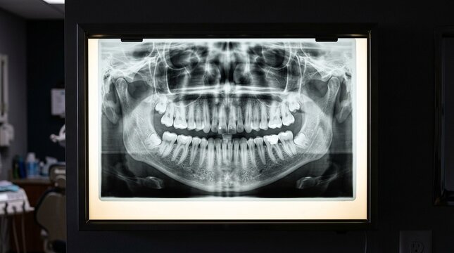 Dental panoramic X-ray displayed on a lightbox for orthodontic and dental diagnosis