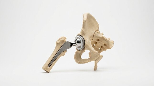 Hip joint replacement model isolated on white background for orthopedic surgery education