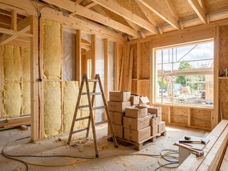 Naklejka premium 新築住宅の建設現場で木造骨組みと断熱材設置が進む内装工事