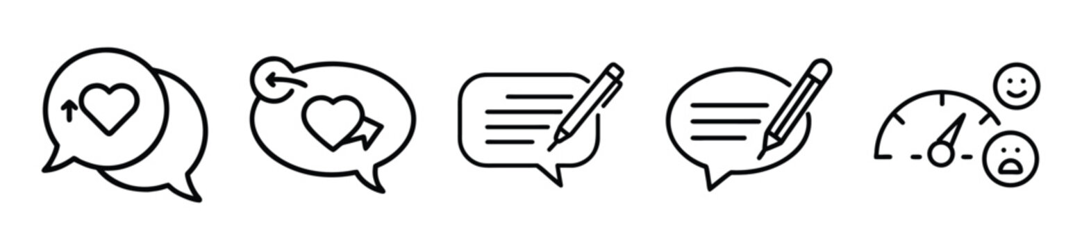 Social media engagement, communication, feedback, and sentiment analysis line icons transparent background