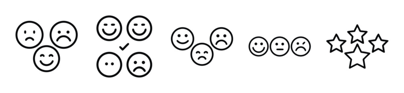 Set of feedback icons with smiley faces and stars for customer satisfaction rating transparent background