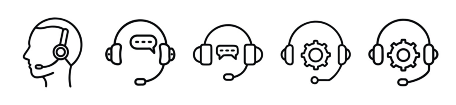 Set of customer support icons with headset, speech bubble and gear symbols isolated on white background transparent background