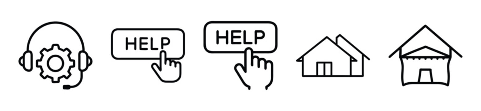 Set of thin line icons for customer support, help desk, home and shelter assistance services transparent background