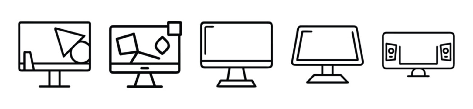 Set of computer monitor icons, flat line style, vector illustration for web and app design transparent background