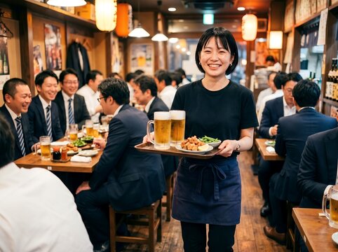 笑顔の女性店員が料理提供賑やかな居酒屋で飲み会を楽しむサラリーマン