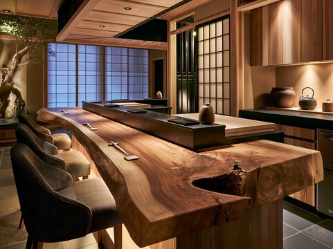 落ち着いた雰囲気の高級和食料亭の美しい木製カウンター席