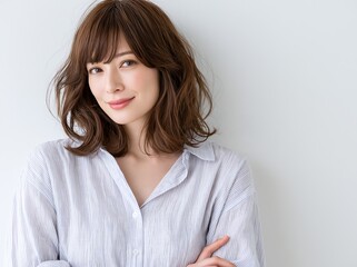 Obraz premium 白い背景で腕を組み笑顔を見せる好感度が高い女性の自然ポートレート