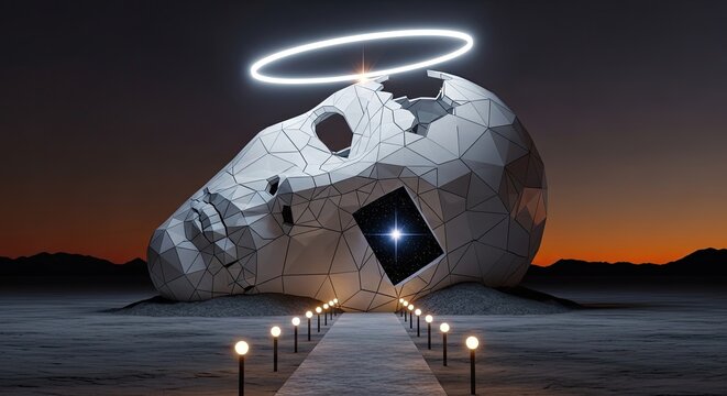Monumental robot face sculpture in desert at nightfall.