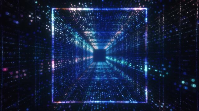 An animated neon tunnel of glowing dots and geometric frames stretching to infinity. Bright, multicolored lights create the effect of a digital corridor, symbolizing the flow of data, virtual reality,