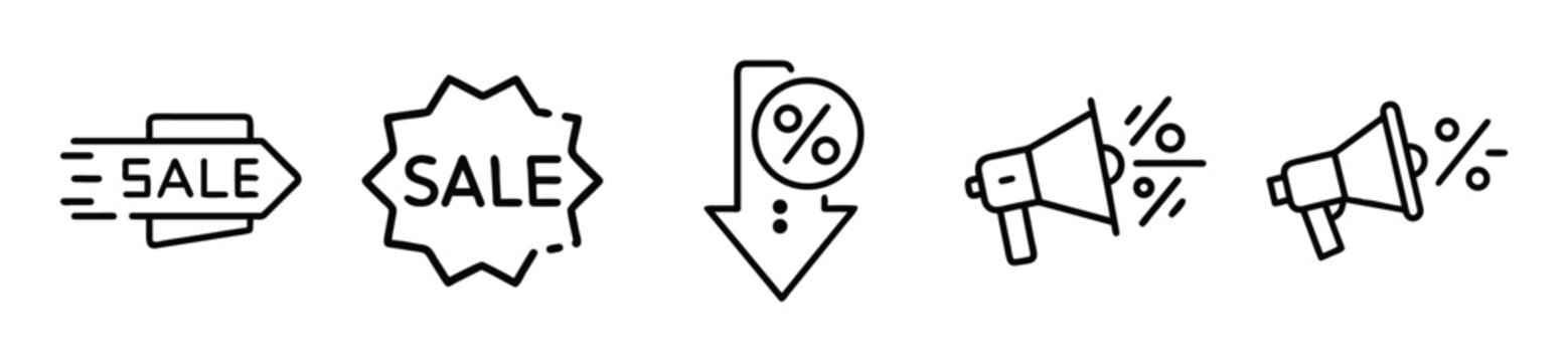 Set of sale and discount icons, including fast sale, starburst sale tag, percentage drop, and megaphone
