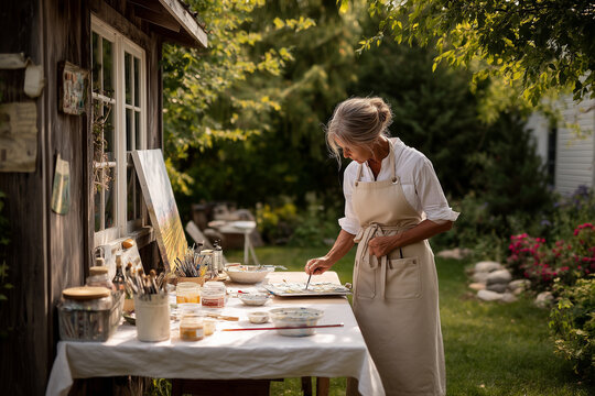  A woman tying her apron before painting in a backyard studio.
