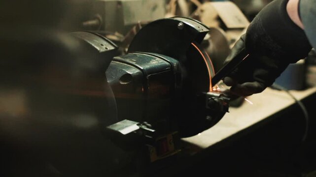Close up metal grinder sparks hands gloved machinist shapes steel on spinning abrasive wheel in dim workshop, orange sparks