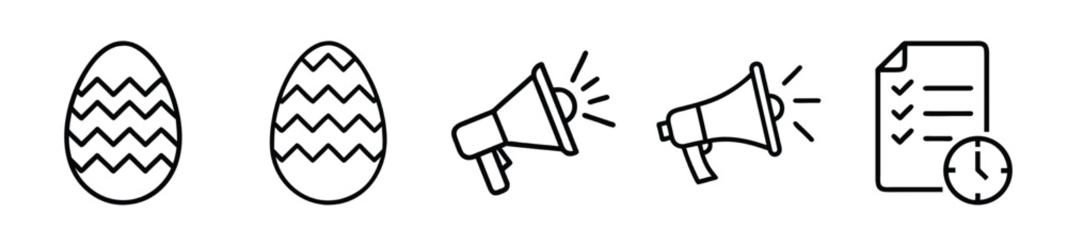 Set of thin line icons including easter eggs, megaphones and a checklist with a clock isolated on white background