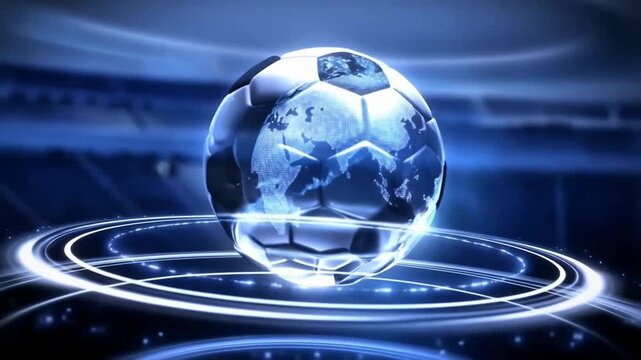 A premium world football championship icon combining a glowing soccer ball and global sphere, surrounded by rotating light rings, futuristic stadium background, cinematic atmosphere