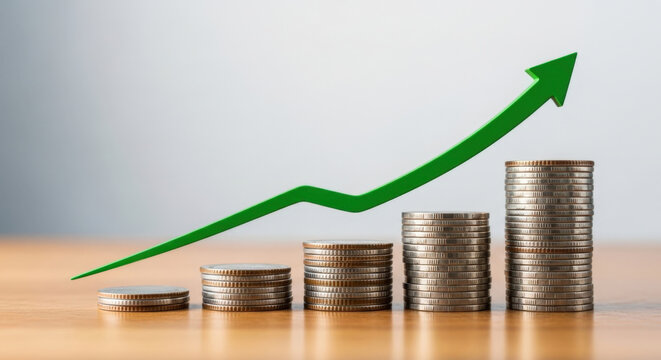 Five neat stacks of metal coins arranged in ascending order on wooden surface under bright light featuring green upward trend arrow icon graphic.