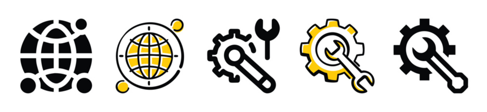 Set of icons representing global settings, network configuration, and technical maintenance tools