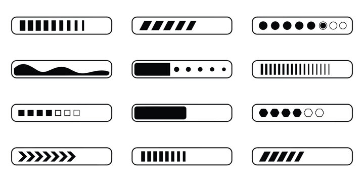 Loading Bar Icons Set Featuring Download Progress Indicators and Loading Status Bars in Different Designs for User Interface Vector Illustration