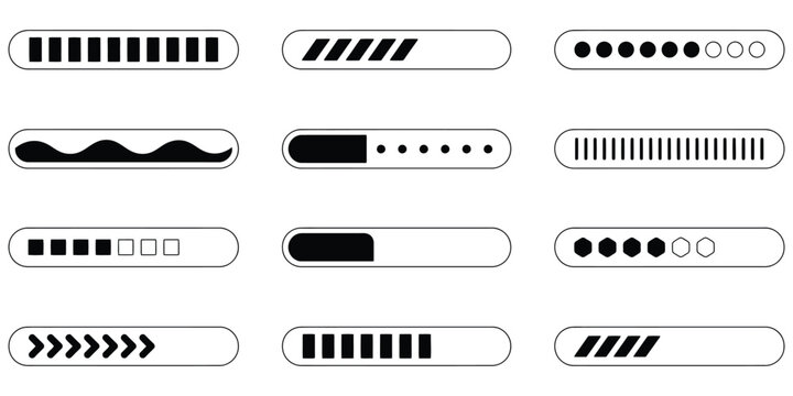 Loading Bar Icons Set Featuring Download Progress Indicators and Loading Status Bars in Different Designs for User Interface Vector Illustration