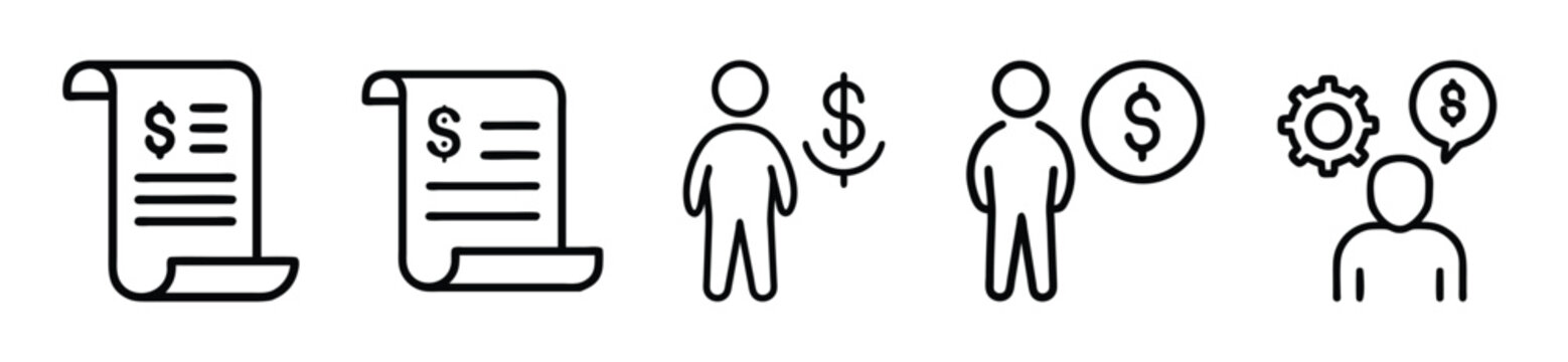 Set of business and finance line icons including invoice, financial person, and management