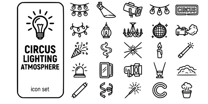 Circus Lighting Atmosphere Bold Line Icons-Marquee Lights Spotlight Follow Spot String Lights Neon Sign Fairy Lights Lantern Chandelier Disco Ball Fog Machine Confetti-25 Circus Lighting Icon Set Vect