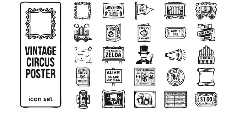 Vintage Circus Poster Advertisement Bold Line Icons-Ornate Border Sideshow Banner Freak Show Train Car Parade Wagon Calliope Flyer Program Ticket Stub-25 Vintage Circus Icon Set Vector
