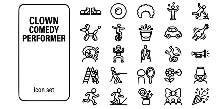 Clown Comedy Circus Performer Bold Line Icons-Big Shoes Red Nose Wig Juggling Pratfall Balloon Unicycle Bucket Tiny Car Rubber Chicken Pie Throw Mime-25 Clown Icon Set Vector