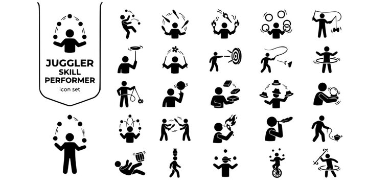 Juggler Skill Circus Performer Bold Line Icons-Three Ball Cascade Clubs Fire Torches Rings Diabolo Plate Spinning Devil Sticks Knife Throwing Whip Crack Hula Hoop-25 Juggler Icon Set Vector