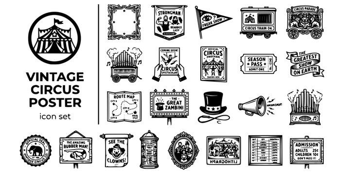 Vintage Circus Poster Advertisement Bold Line Icons-Ornate Border Sideshow Banner Freak Show Train Car Parade Wagon Calliope Flyer Program Ticket Stub-25 Vintage Circus Icon Set Vector