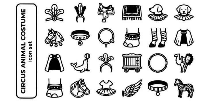 Circus Animal Costume Adornment Bold Line Icons-Elephant Headdress Horse Plume Saddle Blanket Dog Collar Pony Harness Bird Perch Ankle Bracelet Leg Wraps-25 Animal Costume Icon Set Vector