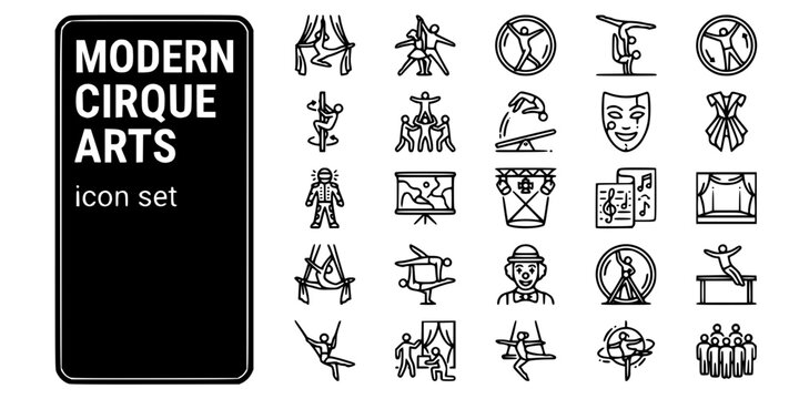 Modern Cirque Arts Contemporary Circus Bold Line Icons-Aerial Silk Contemporary Dance Cyr Wheel Hand-to-Hand German Wheel Chinese Pole Banquine Teeterboard LED Costume-25 Modern Cirque Icon Set Vector