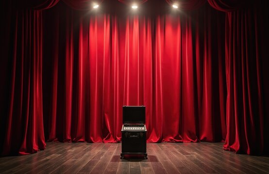 Empty theater stage with red curtains and a podium. Lights shine on wooden floorboards creating atmosphere for performance or presentation. Ready for show.