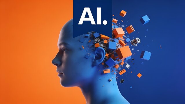 Blue human profile silhouette with exploding geometric cube fragments representing artificial intelligence concepts against a vibrant orange and dark blue background in this conceptual digital artwork