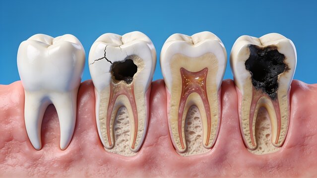 Detailed medical cross section of human teeth showcasing various stages of dental decay and tooth enamel damage on a vibrant blue background for educational purposes