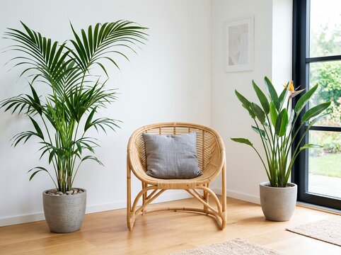 明るいリビングにラタンチェアと観葉植物のシンプルでナチュラルなインテリア