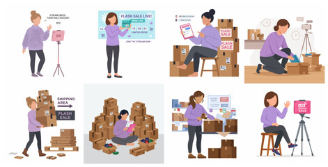 Fototapeta premium Set of Illustrations Featuring a Female Entrepreneur Conducting Live Stream Flash Sales and Managing Online Business Orders and Shipping