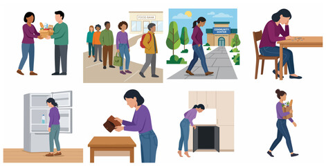 Fototapeta premium Food Insecurity and Poverty Vector Illustration Set Representing Hunger and Charity Support