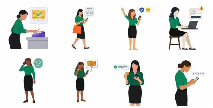 Set of flat illustrations of a woman using digital banking, mobile payments, and online financial services.
