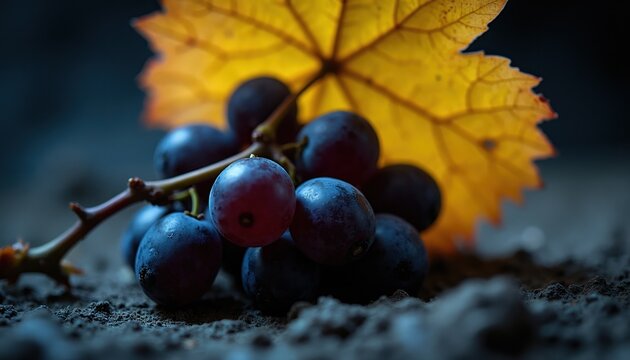 Dark grapes rest on soil under yellow vine leaf. Autumn harvest of fresh fruit. Healthy organic food, vineyard produce. Close up macro shot.