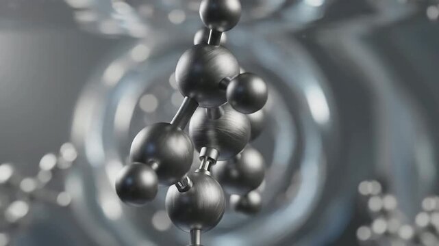 Close-Up 3D Render Of A Dopamine Molecule Featuring Brushed Metal Atoms Against A Soft-Focus Science Background