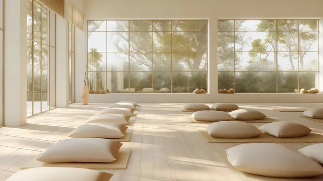 A tranquil and serene meditation room, designed for relaxation and mindfulness, featuring soft floor cushions on mats bathed in natural light, promoting a peaceful atmosphere.