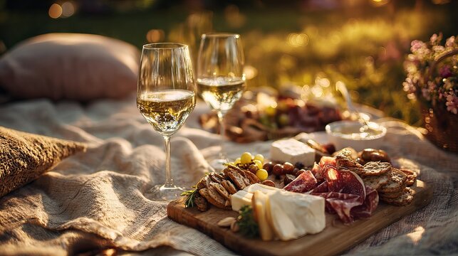 Two crystal glasses of white wine paired with a delicious wooden cheese board on a linen blanket at sunset time