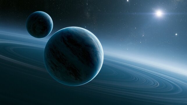 Two imagined rocky planets orbiting far beyond a blue ice giant in deep space, with a star field and faint dust rings suggesting a vanished ancient system. Crisp rim lighting, wide cinematic
